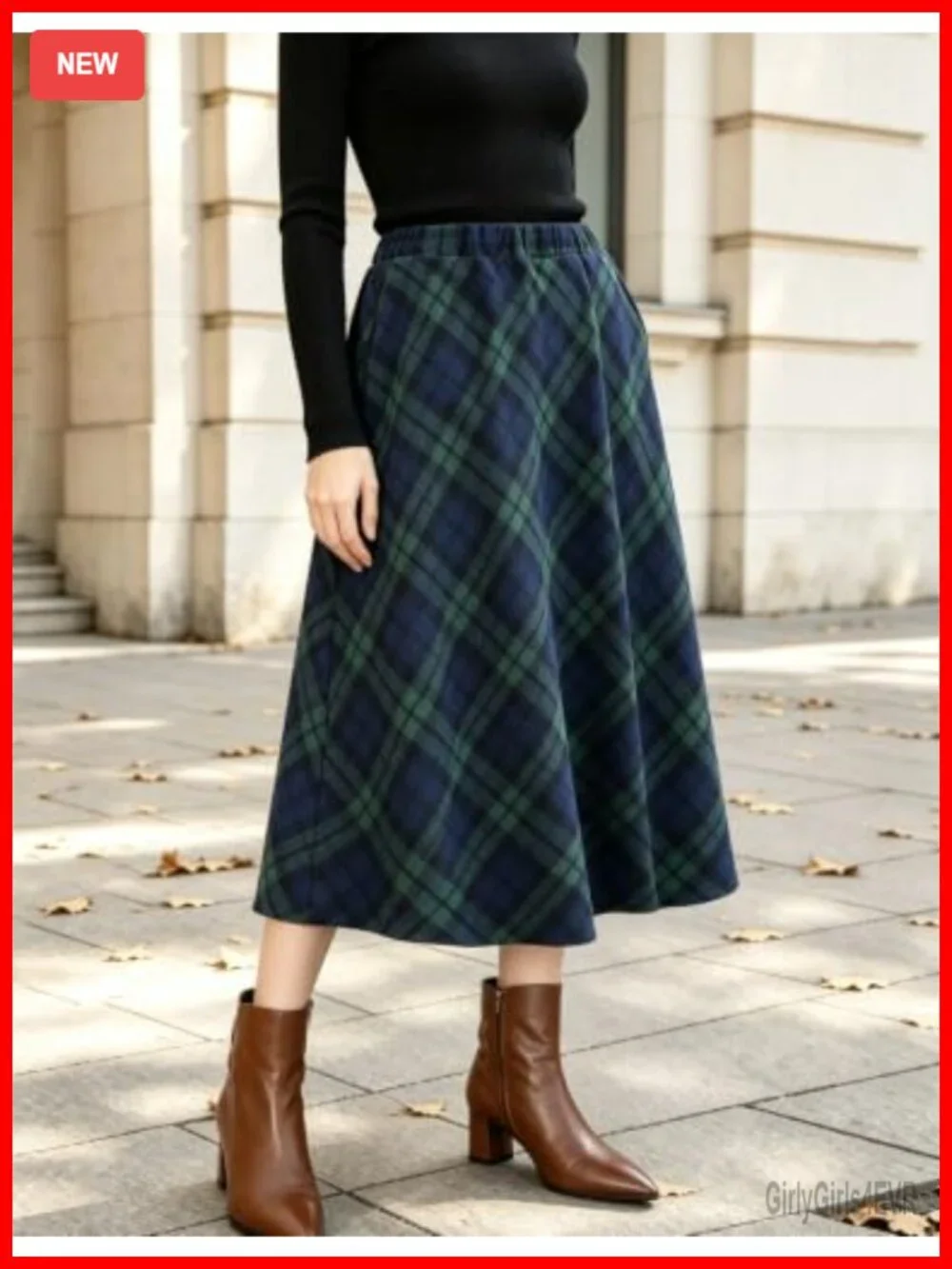 Wool Blend Plaid Maxi Skirt High Waisted A-Line Pleated